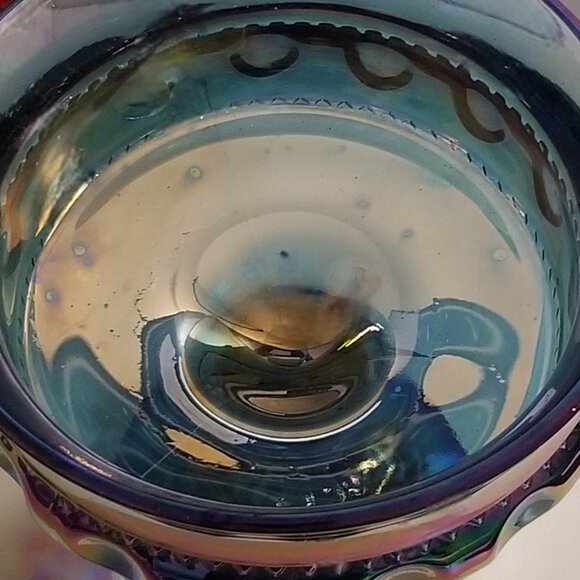 Iridescent Blue Carnival Glass Compote Dish by Indiana Kings Crown Thumbprint - Picture 3 of 11